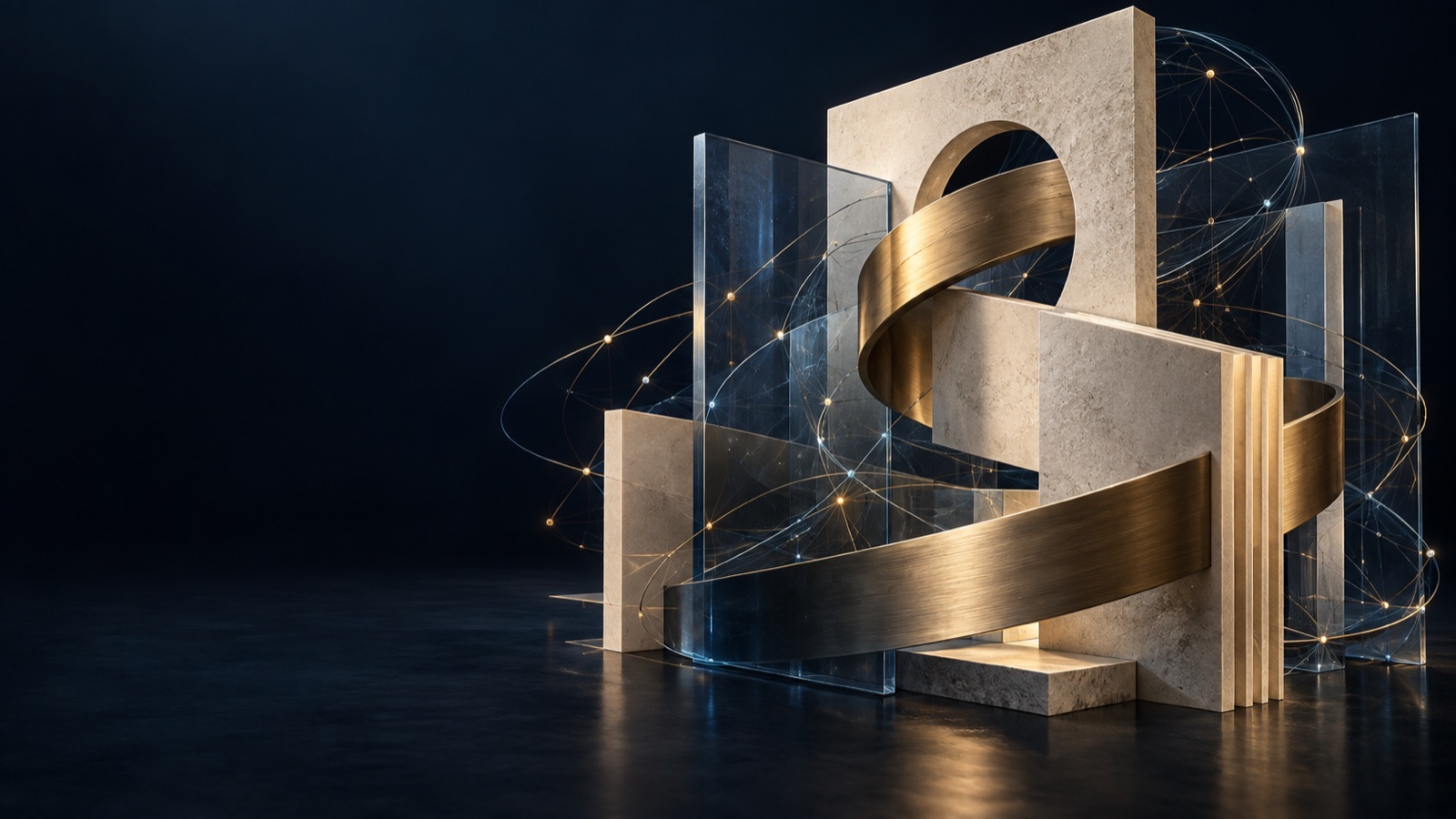 The Architecture of Judgment: an abstract sculpture of stone, glass and brass forms encircled by a network of light.