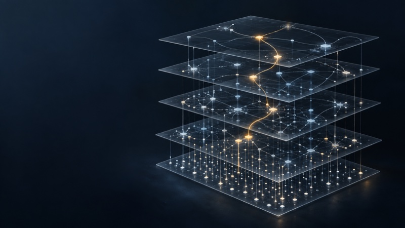 Layered Judgment: five translucent layers of connected nodes stacked in depth, with a single gold thread tracing a path down through them.